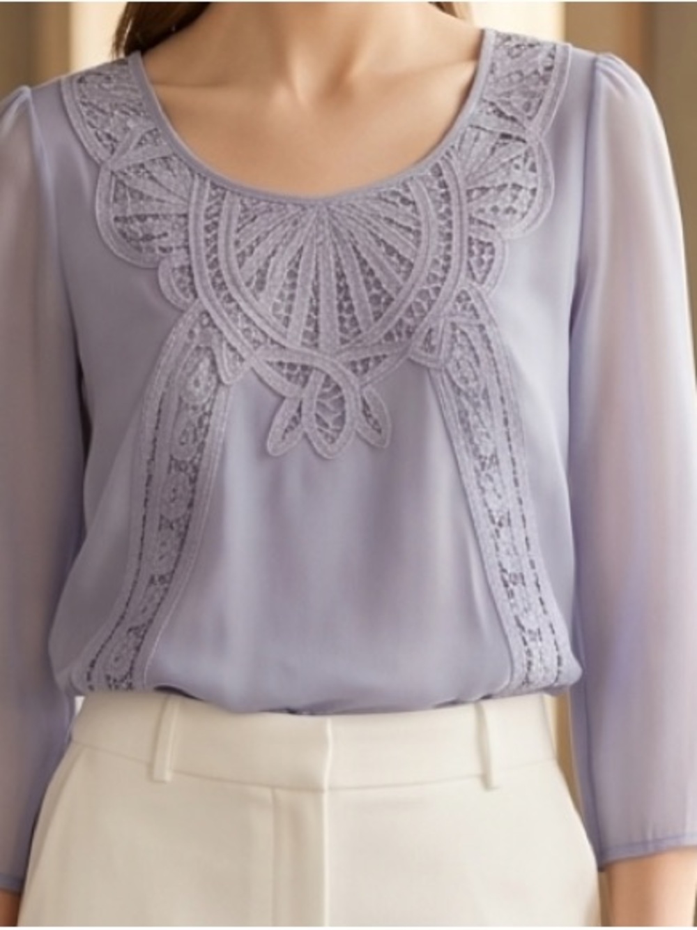 Sparkle & Fade Lavender Lace-Trim Long Sleeve Blouse